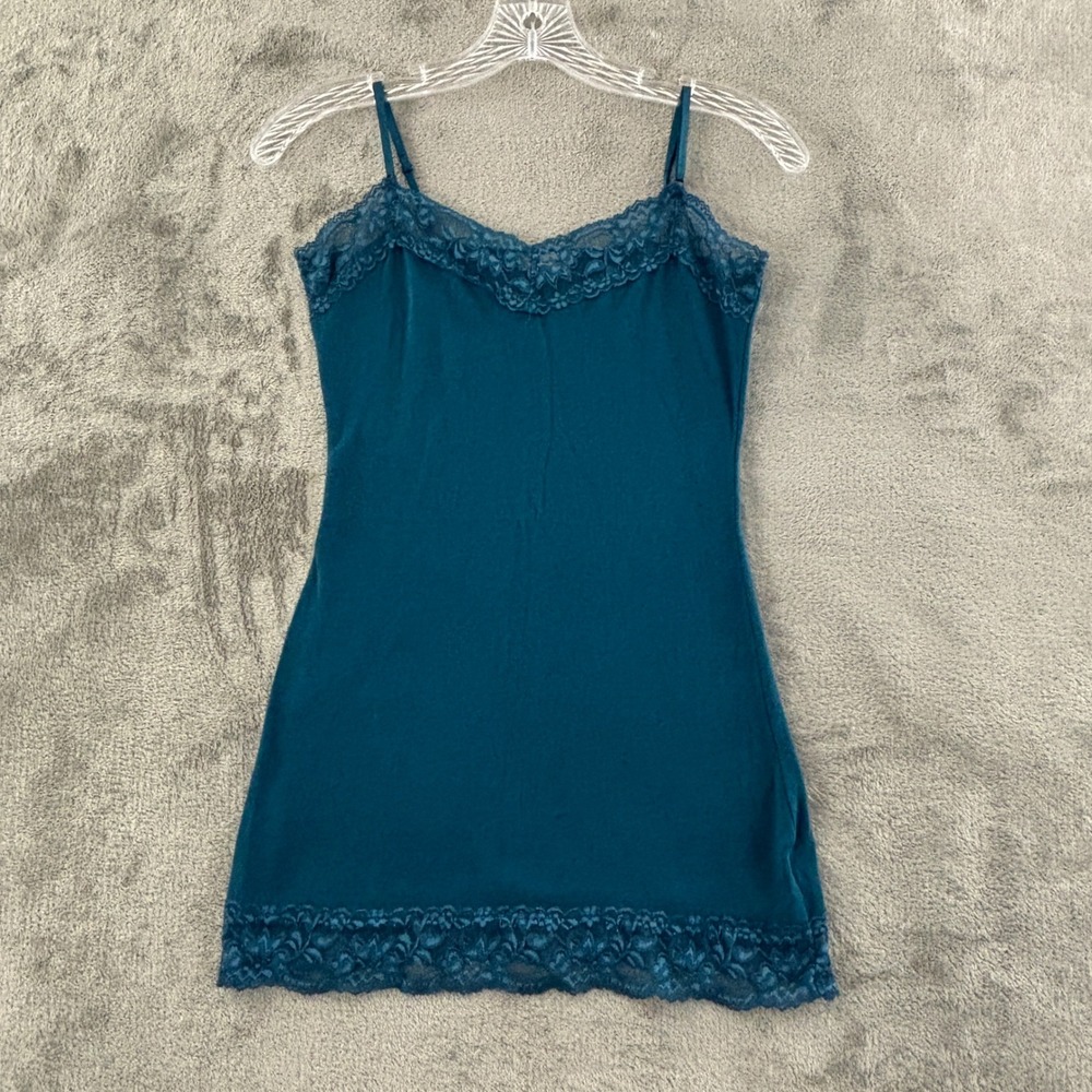 Zenana Outfitters Lace Trim Cami Tank Top Womens S Teal Long Y2K Spaghetti Strap